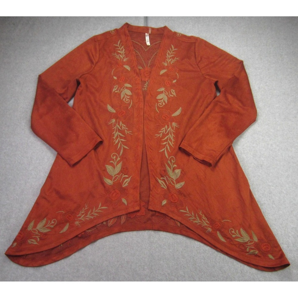 Monoreno Cardigan Womens L Rust Embroidered Boho Floral Open Front Sweater READ